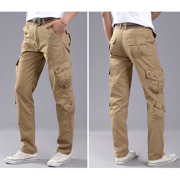 Pantalon Cargo Homme en Coton INSFITY - Coupe Droite Multi-poches Style Militaire - Kaki