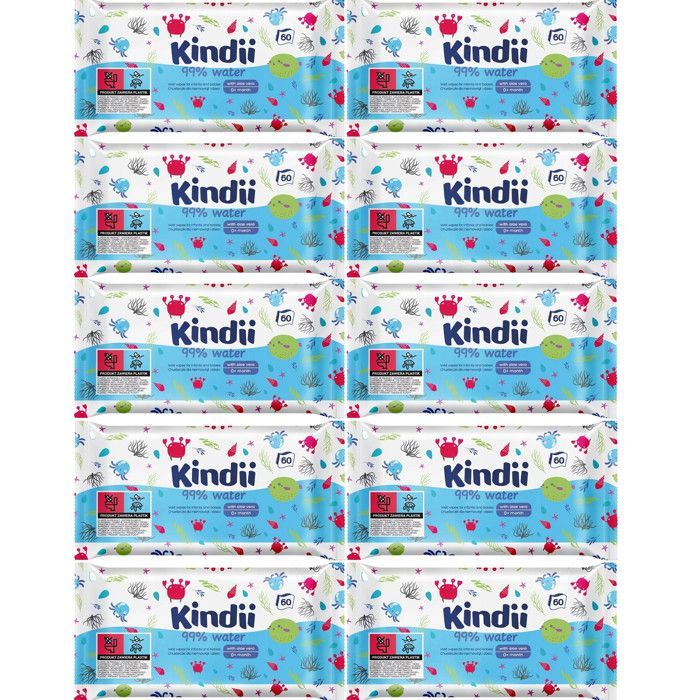 Lenços Umedecidos Kindii para Bebês e Crianças, 99% Água, Aloe Vera, 10 unidades