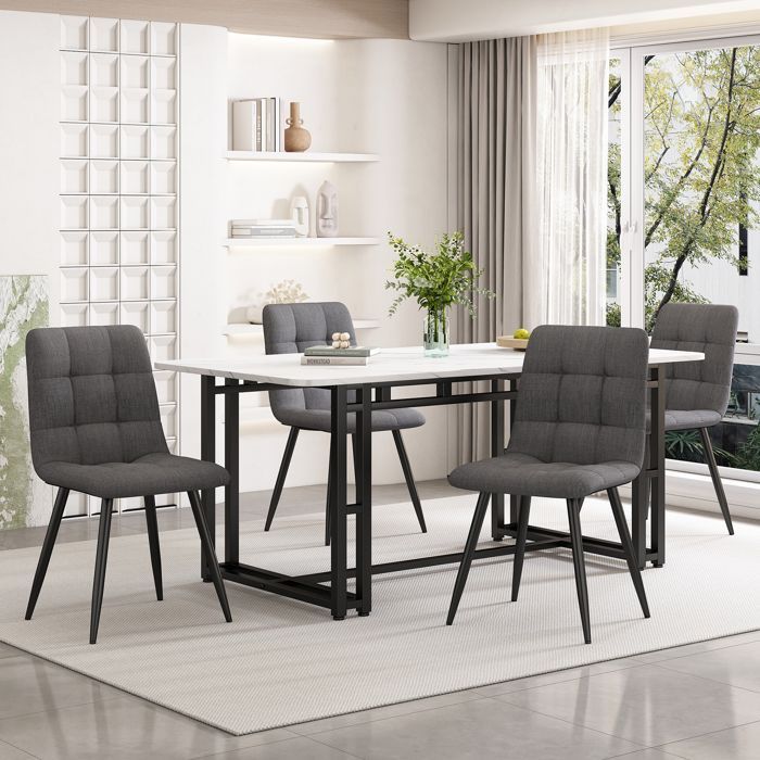Mesa de comedor negra de 140x80cm con 4 sillas, juego de mesa de comedor moderna para cocina, sillas de comedor de lino gris oscuro, mesa
