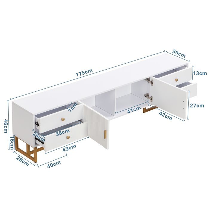 Mobile porta TV da 175 cm - moderno - gambe e finiture dorate - 4 cassetti + 2 ante - truciolato - bianco