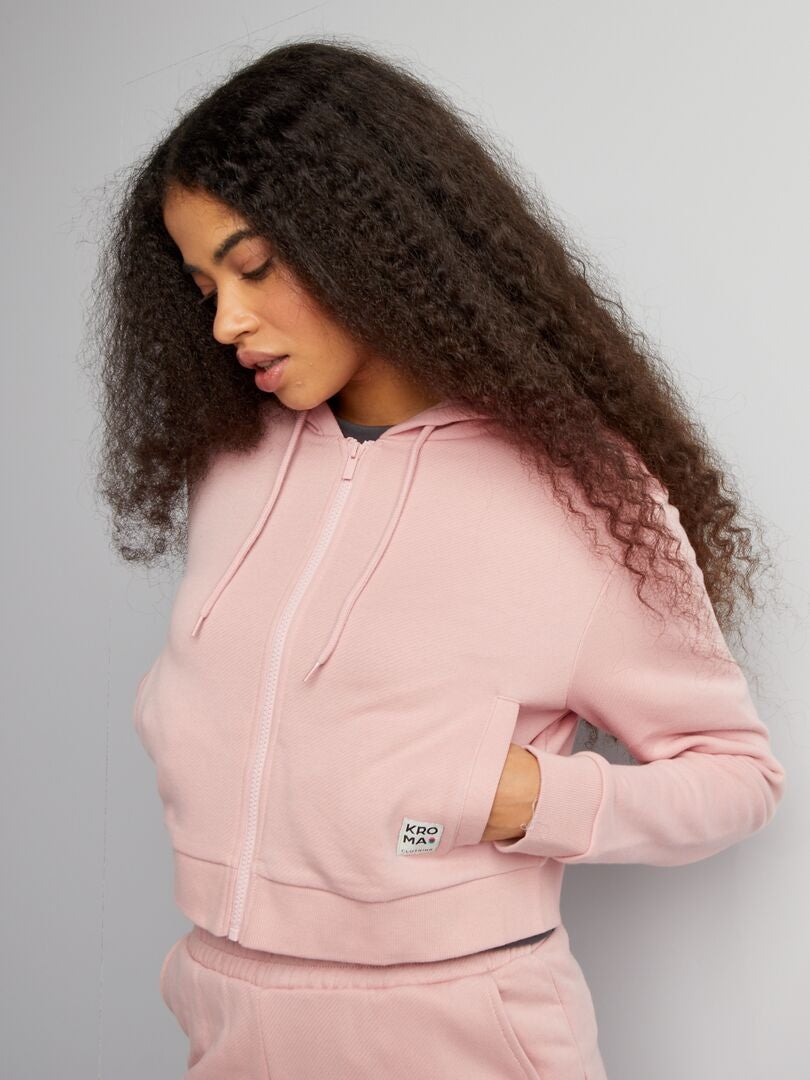 Moletom com capuz e zíper de cor sólida - ROSA
