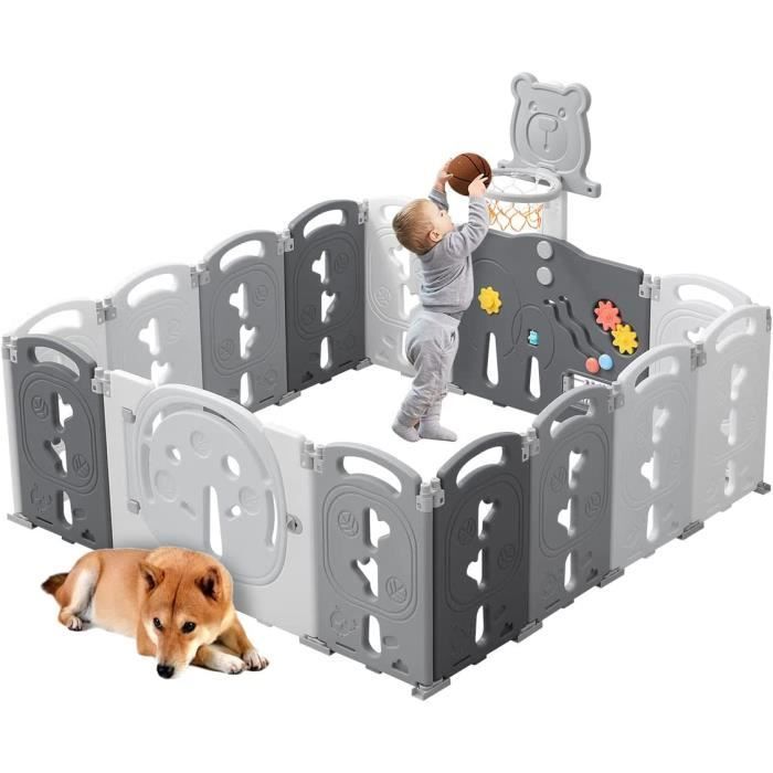 Parc Bébé Enfant 14 Panneaux Modulable avec Panier de Basket Parc Bebe XL Pliable pour Intérieur et Extérieur Parc en Plastique