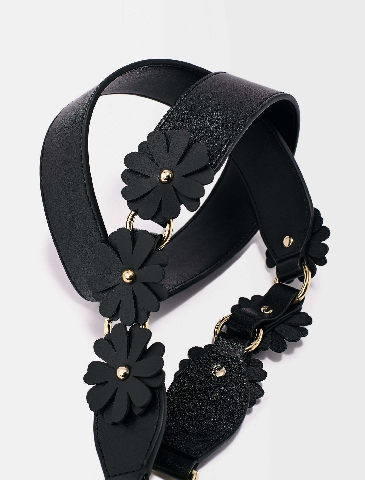 Leren schoudertas met bloemen - Zwart