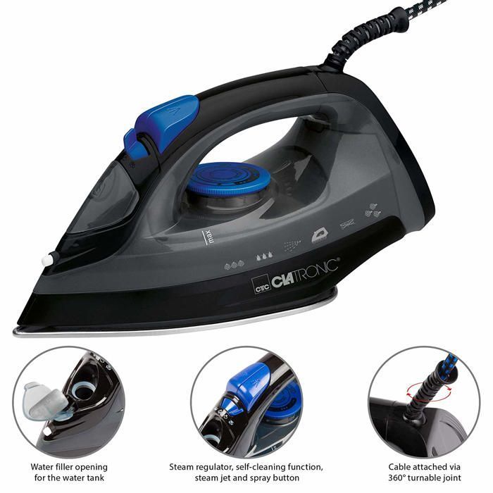 Ferro da stiro a vapore Clatronic DB 3703 da 1800 W con 7 funzioni, nero/blu