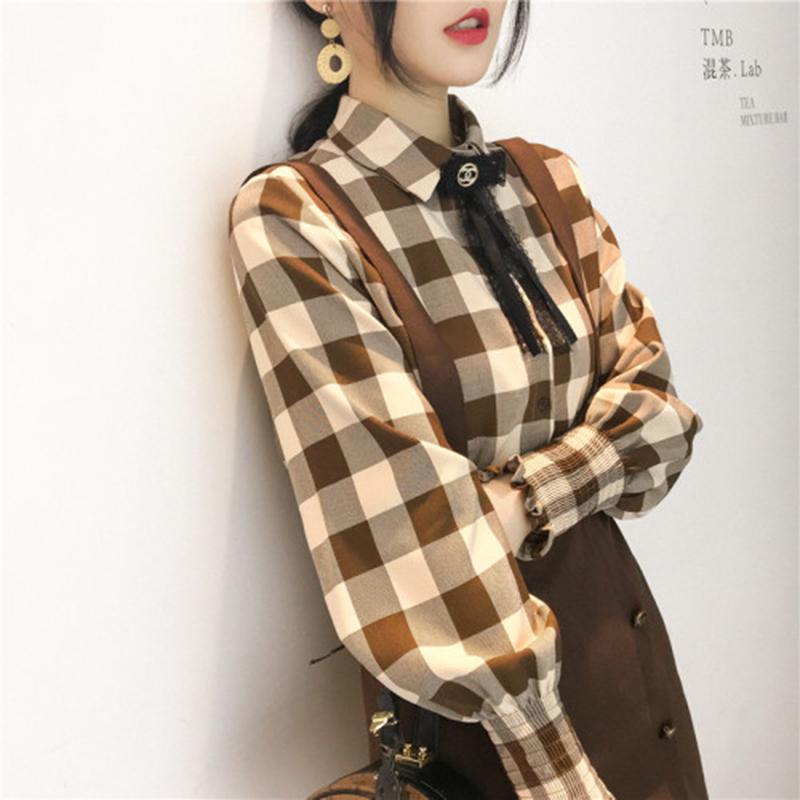 Nuevas camisas de manga larga a cuadros estilo preppy para mujer, ideales para otoño. Blusas casuales holgadas con cuello vuelto, tops para mujer D523.
