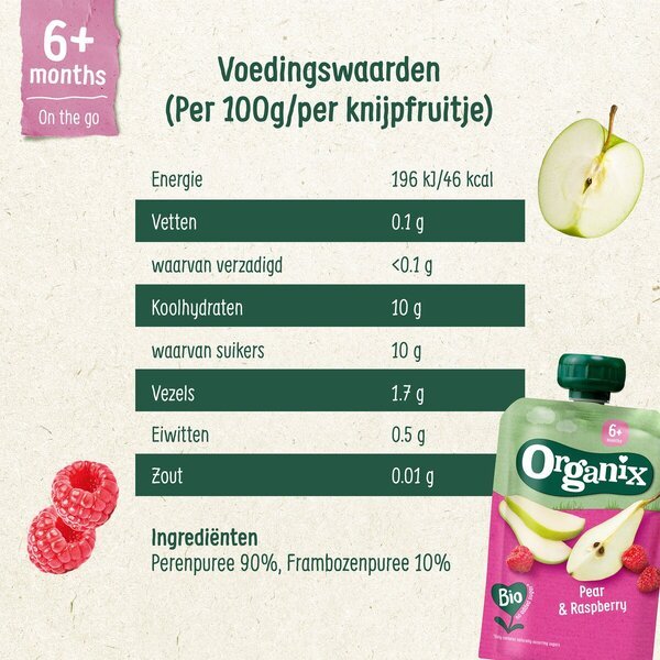 Organix Organic hruška in malina 6+M sadni sok za stiskanje<br>100g