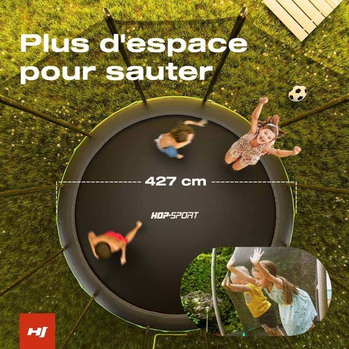 Hop-Sport Trampoline Rond pour Enfants 427cm, Kit Complet Jardin, Filet de sécurité Extérieur, Max. 150kg, Certificat TÜV/GS