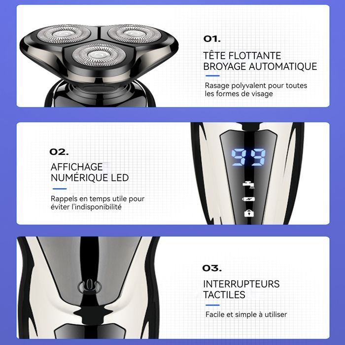 Aparelho de Barbear Elétrico PAS - INNOVTEC - 3 em 1, bateria com duração de 90 minutos, recarregável, flutuante, com escova para limpeza de barba, nariz e rosto.