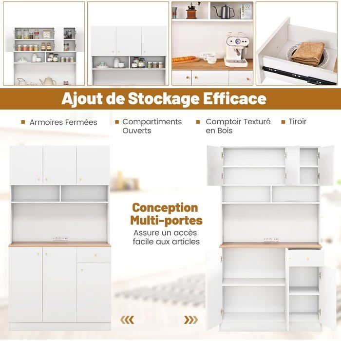 Aparador de cocina COSTWAY con enchufes, puertos USB, estantes ajustables en 3 posiciones y kit antivuelco, 100 x 40 x 181 cm