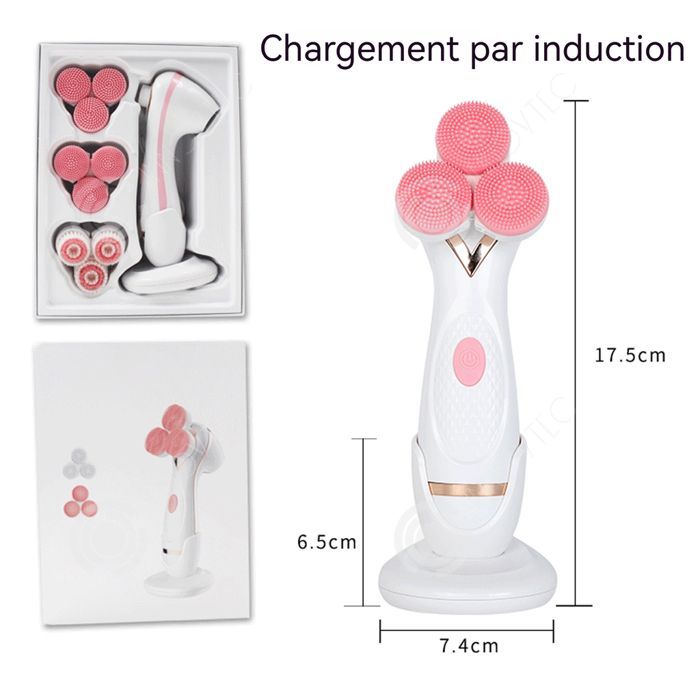 Escova de limpeza facial elétrica INN 1,2 W 500 mAh com 4 modos de limpeza rotativos, carregamento USB e corpo em silicone.