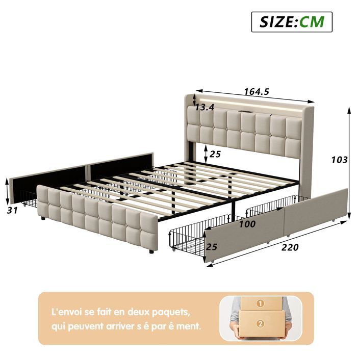 Cama doble con cajones de 160x200 cm, puerto USB, cabecero LED, con 4 cajones, ropa de cama, somier de láminas, apta para adultos - beige