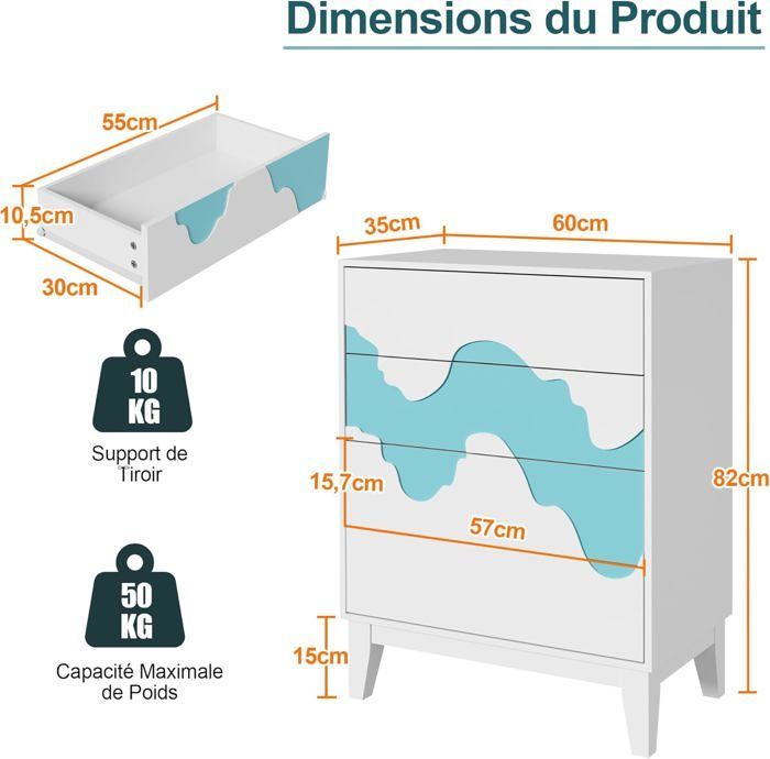 GOOBUY Commode à 4 Tiroirs 60cm, Armoire de Rangement, Grand Espace de Rangement, Motif Vague Irrégulière, 60 x 35 x 82 cm, Blanc