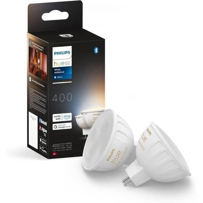 Bombilla inteligente - PHILIPS HUE - MR16 - Luz blanca - Compatible con Bluetooth - Paquete de 2 - Funciona con aplicación y control por voz