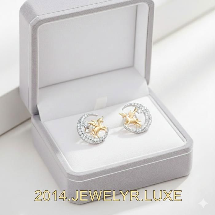Boucles d'Oreilles - Enfant/Femme - Puces - Licorne - Lune - Plaqué Or Jaune 750/1000 - 3 Microns - 12 mm