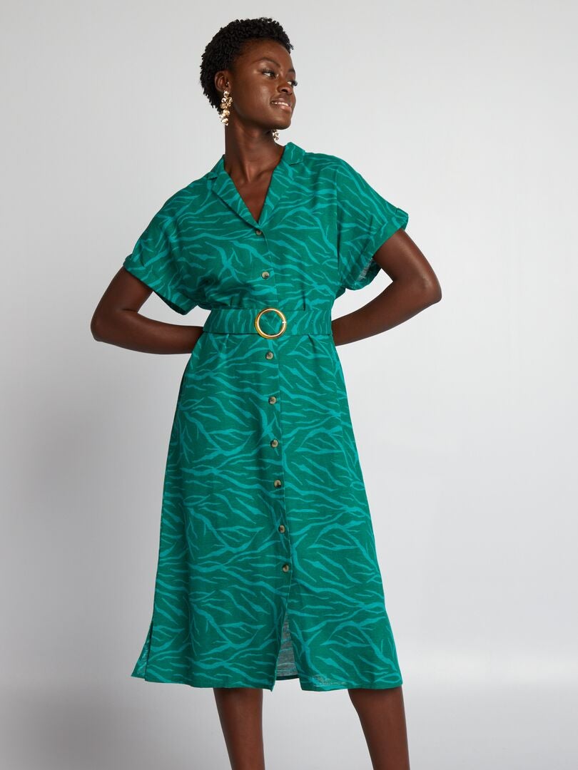 Linnen midi-jurk met riem - GROEN