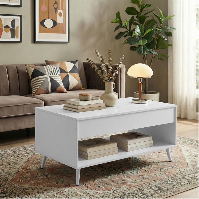 Mesa de centro com tampo elevável, mola a gás, espaço de armazenamento aberto, para escritório ou sala de jantar, branca.