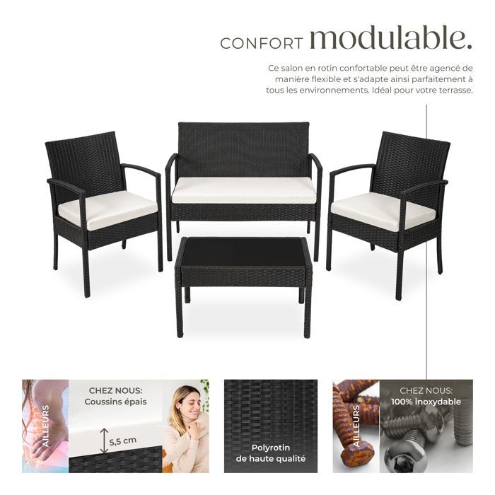 Salon de jardin - TECTAKE - Ensemble bas détente d'extérieur SPARTE avec cadre en aluminium et résistant aux UV - Noir