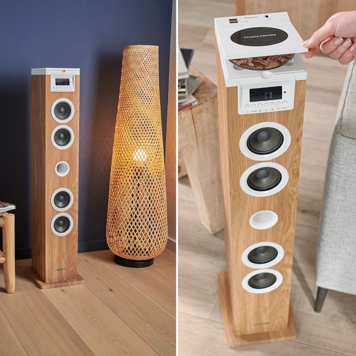 Tour de son Thomson DS121CD - 60W, Multimedia Bluetooth, Lecteur CD, télécommande, AUX, RADIO FM, Bois/blanc, Jeu de lumière LED