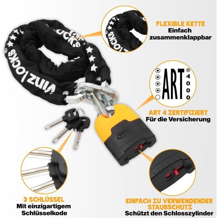 Motorradkettenschloss – GESTEMPELT – Makalu – 150 cm – Ø 10,5 mm – ART 4-zertifiziert – Gehärteter Stahl