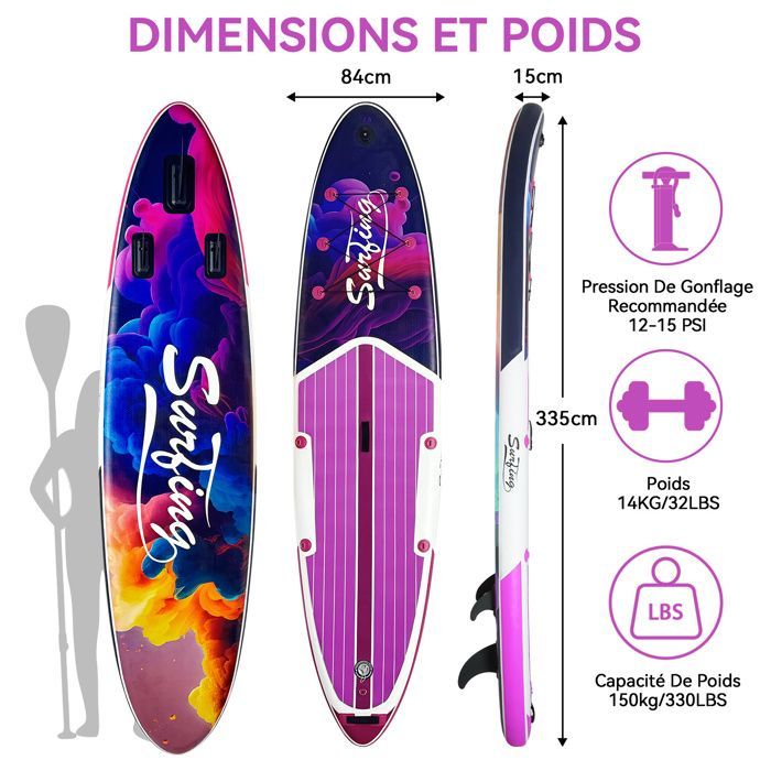 Tabla de paddle surf hinchable - 335x84x15cm - Tabla hinchable con asiento - PULUOMIS - Carga máxima 150 kg - Morado