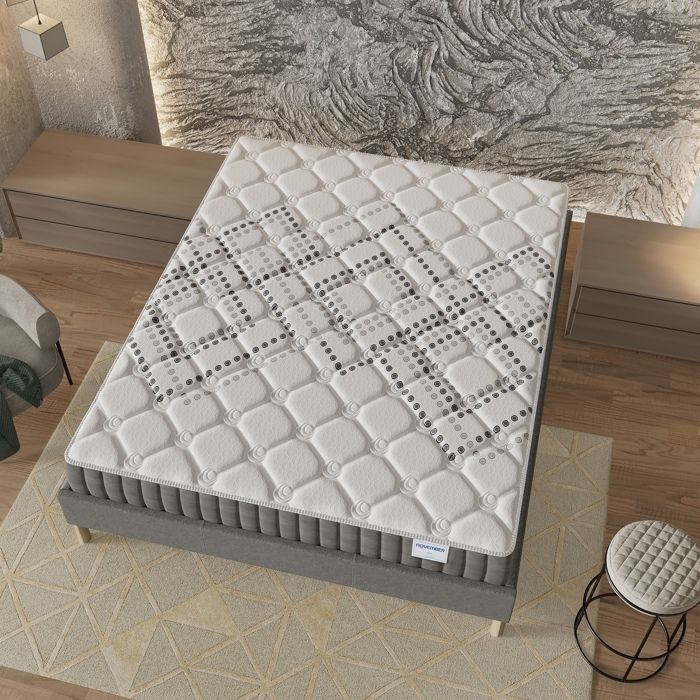Colchón y base de cama (140x200cm) - Muelles ensacados Eliha y espuma de alta densidad de 20 cm de grosor + Base de cama de madera estable, Tela gris