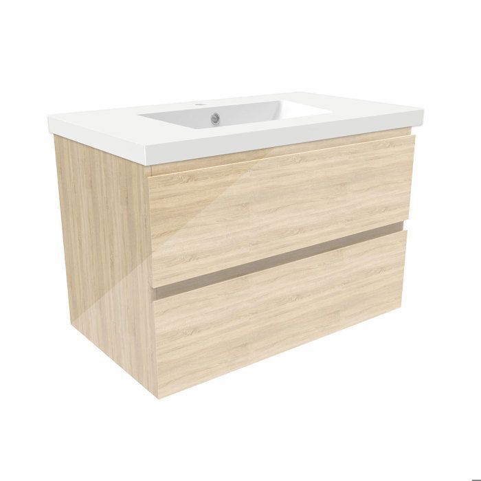 Mueble de baño AICA de 80 cm en roble Wotan brillante con 2 cajones de cierre suave y lavabo individual.