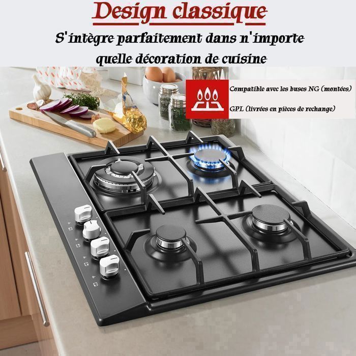 Gaskookplaat - 8060W - Inbouwgaskookplaat met 4 branders - Zwart glas - Aardgas/propaan - 60 cm gaskookplaat