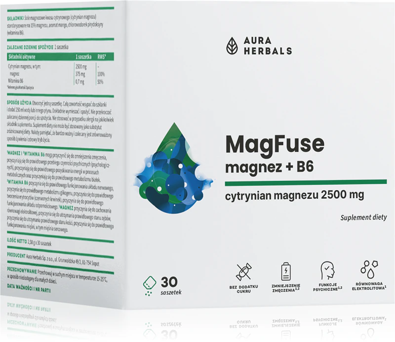 Výživový doplnok Aura Herbals MagFuse + B6 vo forme vrecúšok pre správne fungovanie nervového systému