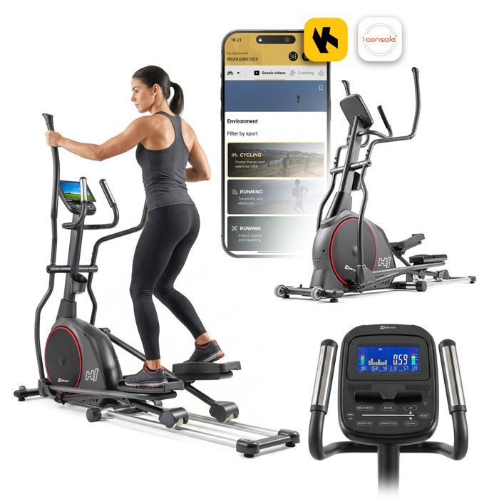 Aparelho elíptico dobrável Hop-Sport HS-095CF Prizm, volante de 30 kg, peso máximo do usuário de 135 kg, iConsole+Training, cinza