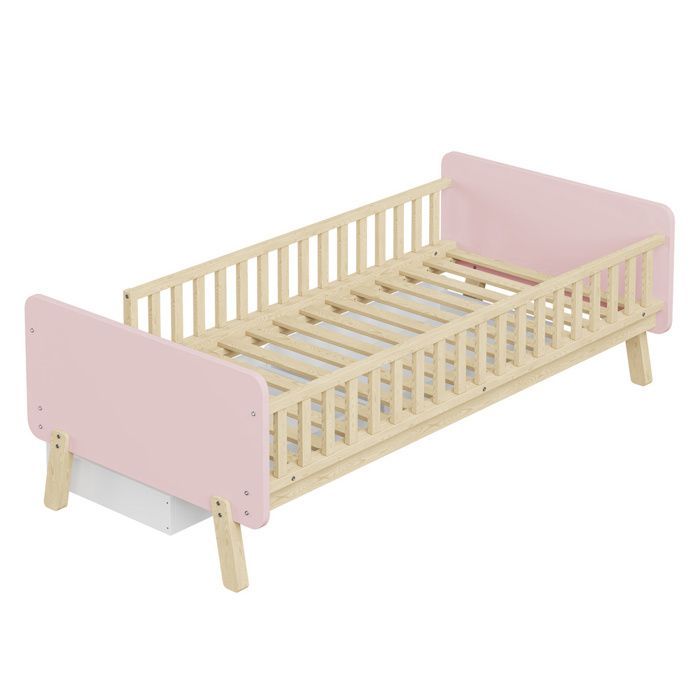 Letto per bambini 90x190 in legno massello con rete a doghe e 2 cassetti – Rosa
