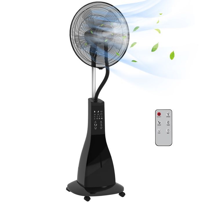 Ventilador de pedestal HOMCOM de 90 W con función de nebulización, ruedas, mando a distancia, temporizador, 3 modos, 3 velocidades, oscilante, inclinable - negro