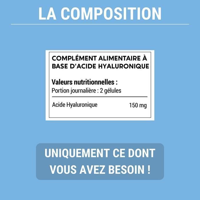 Reine Hyaluronsäure – 150 mg/Tag – Anti-Aging und für die Gelenkgesundheit – 120 Kapseln – Nahrungsergänzungsmittel – Hergestellt in Frankreich