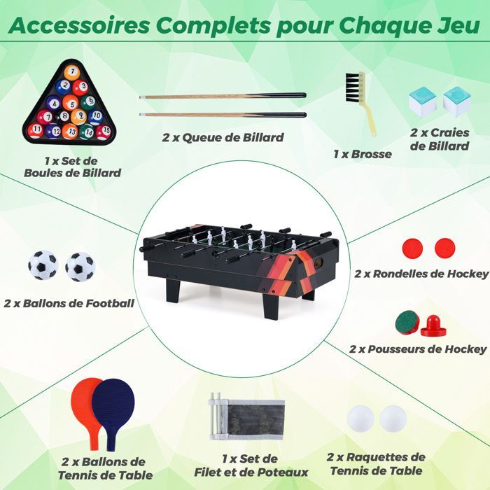 COSTWAY 4-in-1 Tischfußballtisch – Billard, Tischtennis, Hockey – Komplettes Zubehör – Stapelbare Spielfläche – 81 x 43 cm – Für Zuhause und Bar – Schwarz