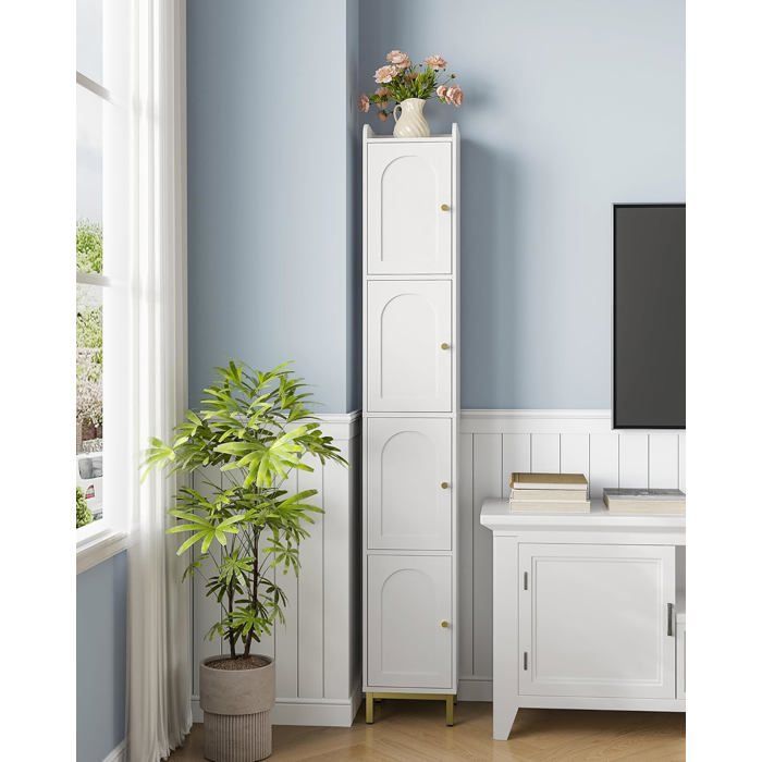 Mueble columna para baño, unidad de almacenamiento con 4 puertas, armario de baño, estantes ajustables, 26 x 28 x 180 cm, blanco