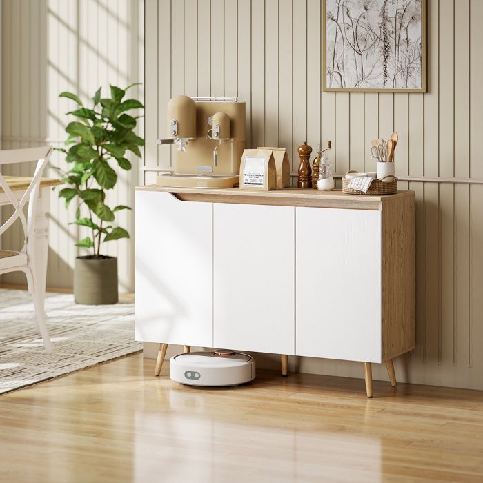 Aparador de cocina - HOMCOM - 3 puertas, estantes ajustables - aglomerado y madera de caucho - 107x35x76,5cm - blanco y roble