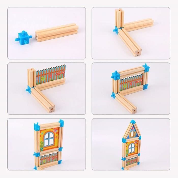 Jeu de Construction en Bois - 128 Pièces - Puzzle éducatif - Assemblé Maison