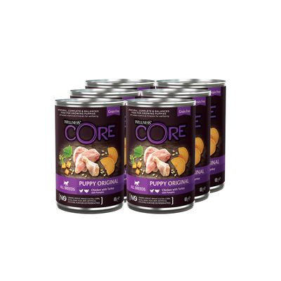 Alimento umido per cani Wellness Core Puppy Original, adatto a tutte le razze, con pollo e tacchino.