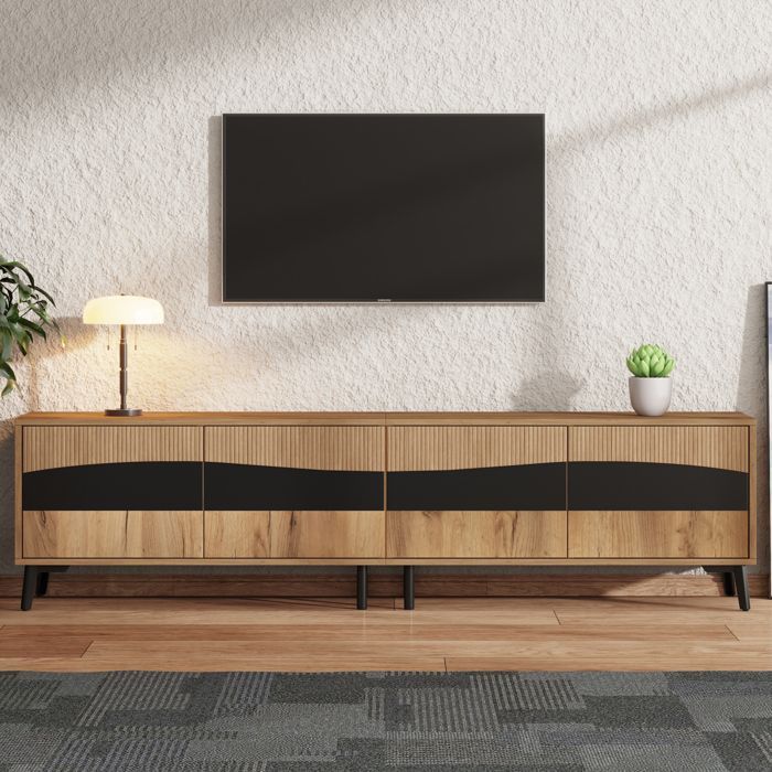 Mueble para TV - LEMONBEST - Mueble moderno para TV de salón - 180x40x50 cm - 4 puertas - Madera y negro