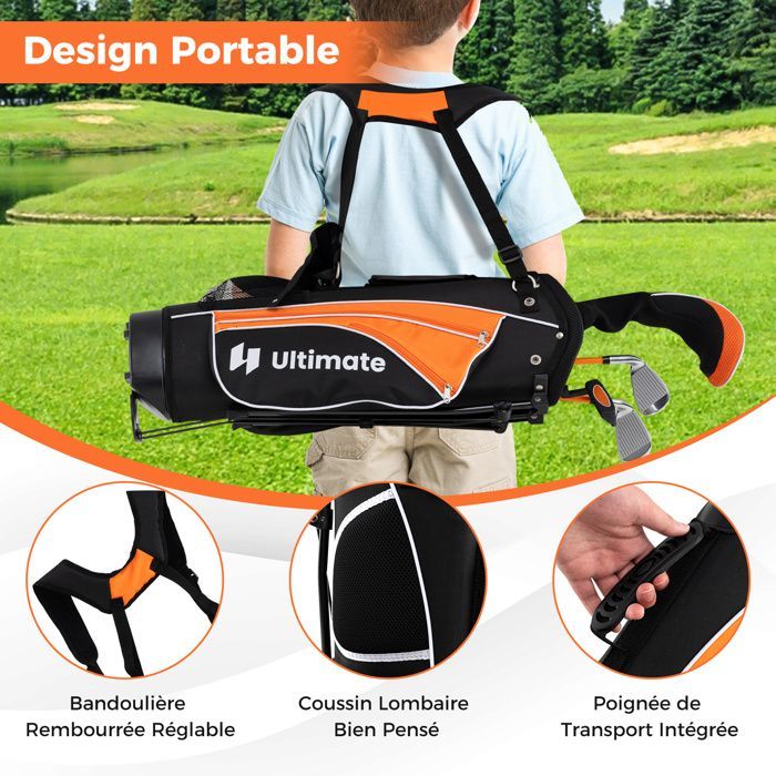 Bolsa de golf con trípode para niños COSTWAY, juego de 5 palos de golf con soporte y funda para la lluvia, edades de 11 a 13 años, color amarillo.