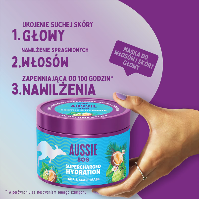 Máscara hidratante e suavizante Aussie SOS Supercharged Hydration para cabelo e couro cabeludo.