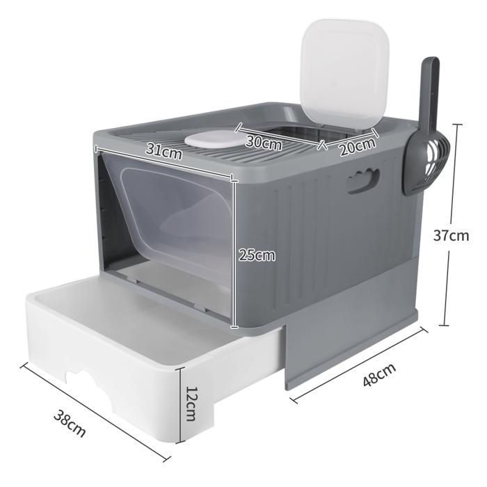Graue, faltbare Katzentoilette mit UV-Sterilisation, Schubladen-Katzentoilette mit Schaufel, Toilettenhaus, 48 x 37 x 38 cm