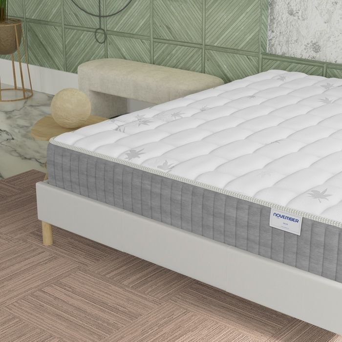 Colchón y base de cama (140x200cm) - Galicia. Muelles ensacados y espuma viscoelástica, 25cm de grosor + Base de cama de madera estable, tejido blanco.