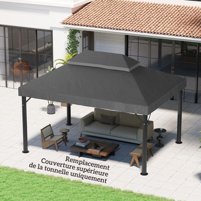 Toile de rechange pour pavillon toile de tonnelle 4 x 3 m - Outsunny - double toit avec trous de drainage, polyester 370 g/m² - gris
