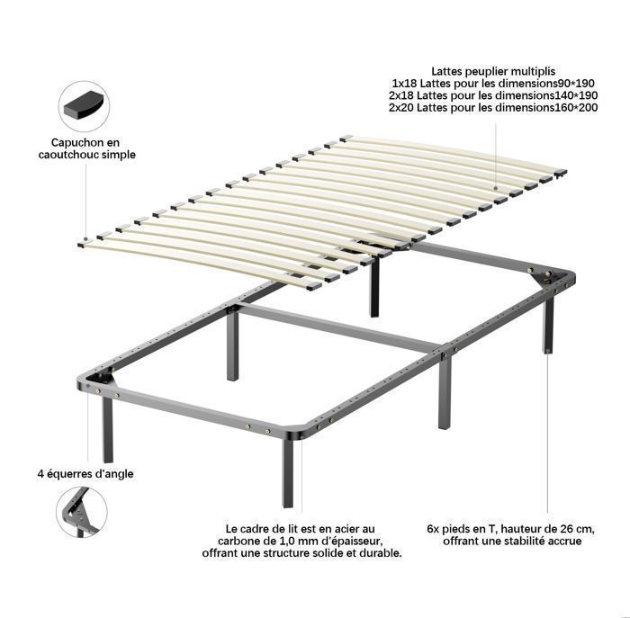 Estructura de cama de láminas DEWINNER ComfortKit de 90 x 190 cm - 26 cm