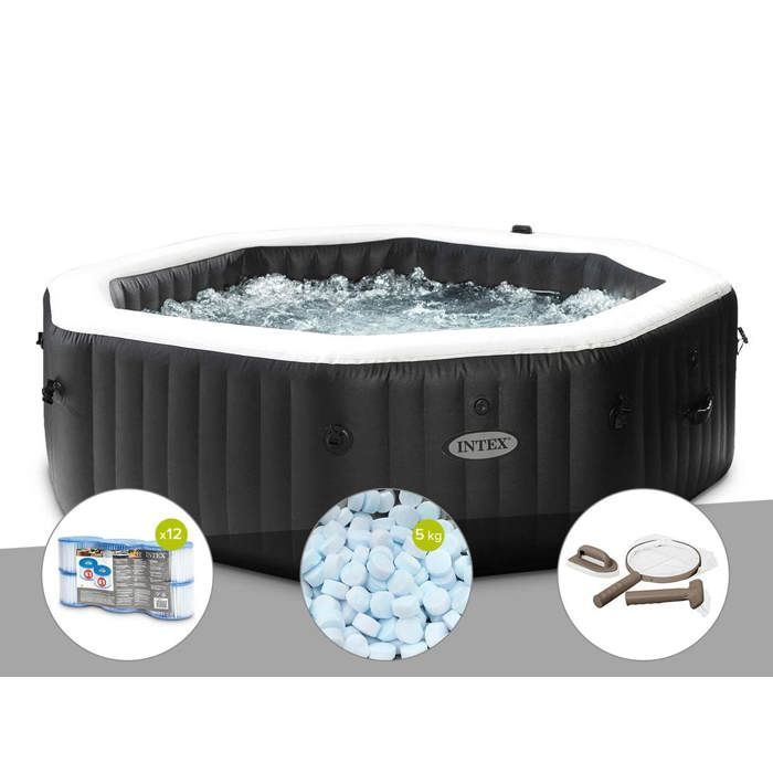 Jacuzzi hinchable octogonal Intex PureSpa Carbon con burbujas y chorros, capacidad para 6 personas + 12 filtros + 5 kg de sal + kit de mantenimiento