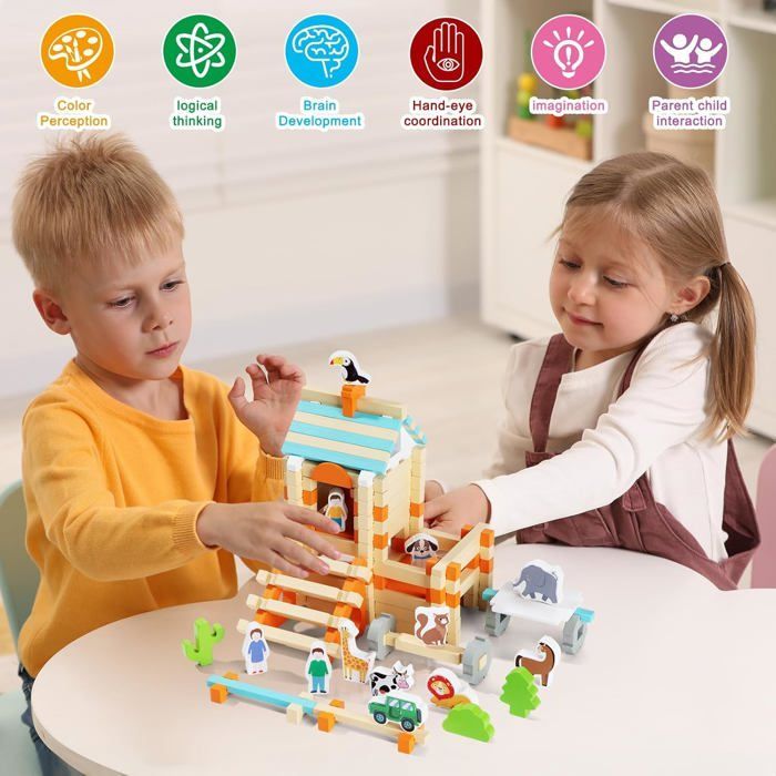 Montessori wooden building set for children, 122 pieces, educational toys for children aged 3 and up