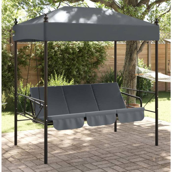 Columpio de jardín - Gris oscuro - 2 en 1 - Toldo de poliéster - 3 plazas