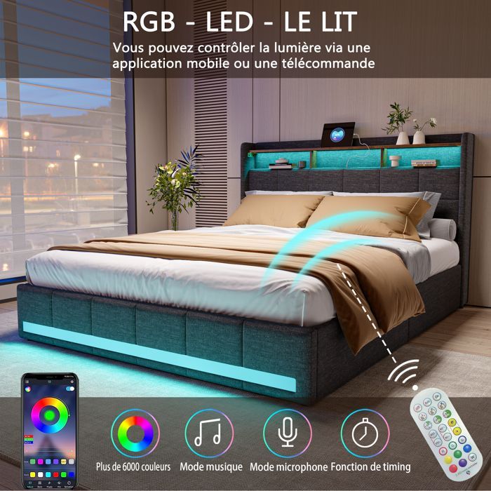 Lit coffre en lin gris 180x200 cm, lit double avec LED et port USB, lit adulte avec tiroir de rangement et sommier à lattes