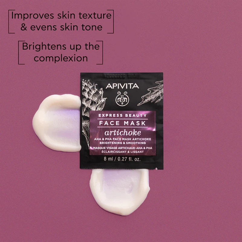 Apivita Express Beauty posvetlitvena maska za obraz z artičokami in intenzivno vlažilno masko z AHA