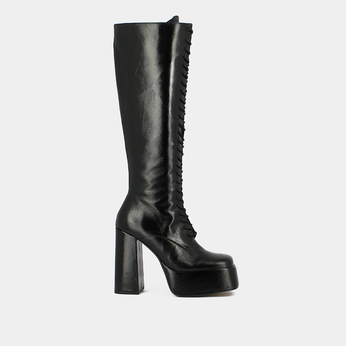 Bottes à plateformes et lacets  en cuir vieilli noir